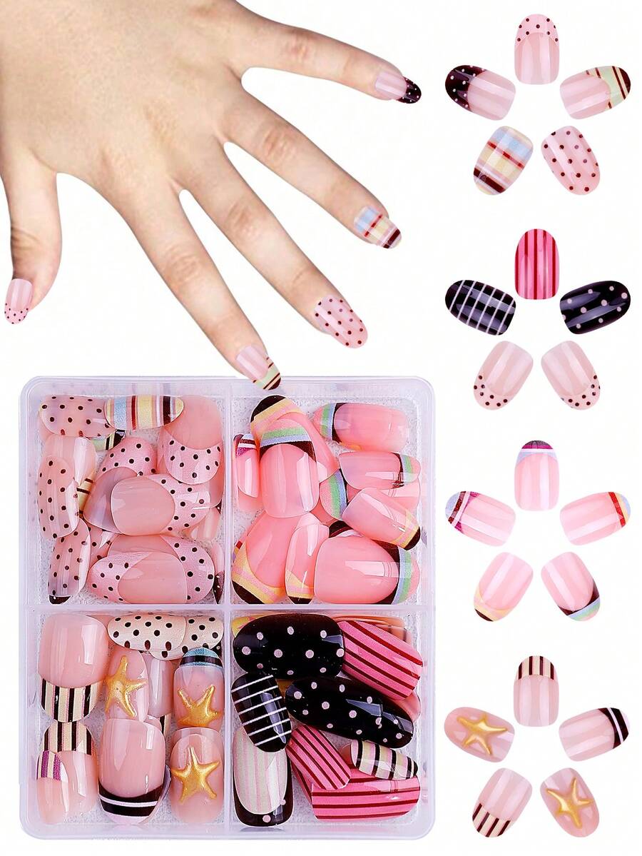 96Pcs/Set Short Oval Press On Nails, Classic Nude, Red, Pink, Green And Gold Color With French Edges, False Nails Featuring Polka Dots, Stripes, And Stars; French Nails With Polka Dots.Suitable For Women And Girls, Party, Daily Wear, Vacations & Other Occasions. Comes With 2pcs Jelly Gel & 2pcs Nail File, Great Gift For Ladies Nails Nail Supplies - Multicolor - View 1