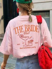 1 pieza de camiseta de verano para mujer con cuello redondo y manga corta, "THE BRIDE, EST."2026" Patrón Impreso Casual - Rosa - Ver 1