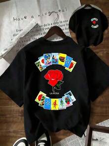 Rosa roja rodeada de cartas coloridas de lotería mexicana que simbolizan fortuna naturaleza y energía positiva camiseta de mujer 100% algodón - Negro - Ver 1