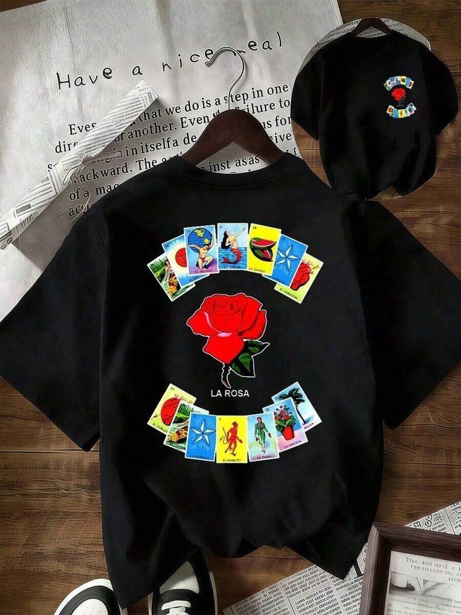 Rosa roja rodeada de cartas coloridas de lotería mexicana que simbolizan fortuna naturaleza y energía positiva camiseta de mujer 100% algodón - Negro - Ver 1