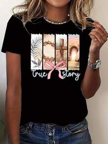 A Modern And Elegant Women's T-Shirt Featuring Religious Elements: A Crown Of Thorns, A Cross, And A Stone Doorway, Accented With A Pretty Pink Bow. This Beautiful Short-Sleeved, Crew-Neck T-Shirt Is Available In Various Sizes And Colors, With A Relaxed Y-Fit. - 黑色 - 查看 1