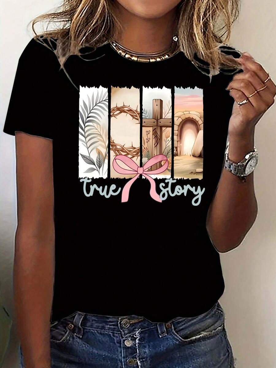 A Modern And Elegant Women's T-Shirt Featuring Religious Elements: A Crown Of Thorns, A Cross, And A Stone Doorway, Accented With A Pretty Pink Bow. This Beautiful Short-Sleeved, Crew-Neck T-Shirt Is Available In Various Sizes And Colors, With A Relaxed Y-Fit. - 黑色 - 查看 1