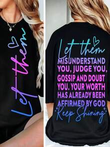 [Front And Back Images] Women's Casual Printed T-Shirt-- Short Sleeve Crew Neck T-Shirt With "Let Them Misunderstand" Lettering, Christian Faith Inspirational Top, Summer Loose Streetwear, Mental Health Theme T-Shirt - 黑色 - 查看 1