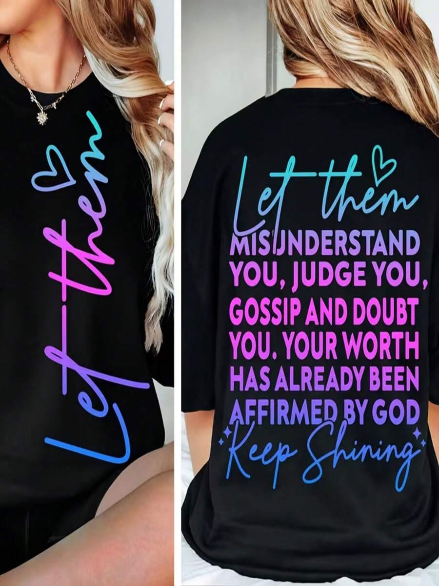 [Front And Back Images] Women's Casual Printed T-Shirt-- Short Sleeve Crew Neck T-Shirt With "Let Them Misunderstand" Lettering, Christian Faith Inspirational Top, Summer Loose Streetwear, Mental Health Theme T-Shirt - 黑色 - 查看 1