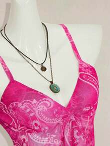 ICON Camisola Ajustada con Cuello en V y Volantes, Estampado Paisley Teal, Estilo Bohemio Retro Sexy Y2K para Mujer - Rosa - Ver 3