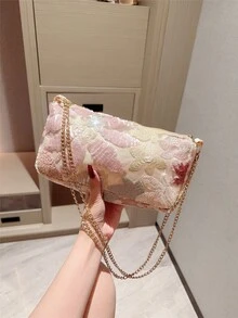 Moonlit Eve Bag, Multicolor Floral Crossbody Shoulder Bag, Fashionable Retro Chain Evening Clutch, Mini Square Box Bag, Suitable For Party Girls, Brides, College Students, Young Professionals, Patterns Randomly Sent - Pink - View 2