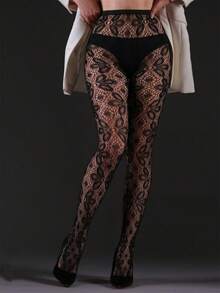 GNIM HL 1/2 paires de collants résille à motif floral vintage pour femmes. Collants transparents sexy à taille haute pour femmes, idéaux pour la boîte de nuit - Noir - Voir 2