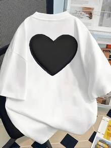 VintageHeart, Short-Sleeved, Round-Neck T-Shirt With Heart Print, Casual Top For Summer And Spring, Women's Clothing, Summer Tops, Summer Outfits - White - View 2