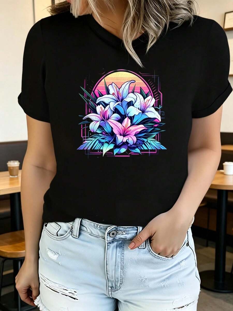 Soft Summer T-Shirt For Women With Cat And Dog Paw Prints And Heart Designs, Fashionable And Casual, Machine Washable, Comfortable Fit, 2D Flat Print, Elegant Blouses For Women. - 黑色2 - 查看 1