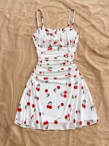Vestido de tirantes de malla con estampado floral azul y blanco para vacaciones de verano de mujer - Rojo y blanco - Ver 6