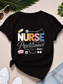 Women's Plus Size Nurse T-Shirt - Colorful Illustrations, Casual Short Sleeve, Crew Neck, Polyester Fabric, Machine Washable, Casual Wear | Plus Size Fashion | Comfortable Polyester Nurse T-Shirt - 黑色 - 查看 6