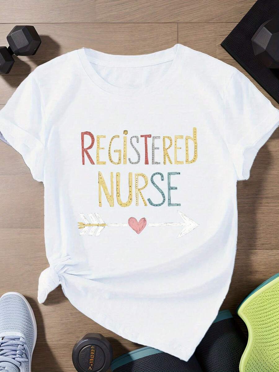 Women's Short Sleeve Sports T-Shirt With Hand-Drawn Registered Nurse Pattern - 白色 - 查看 1