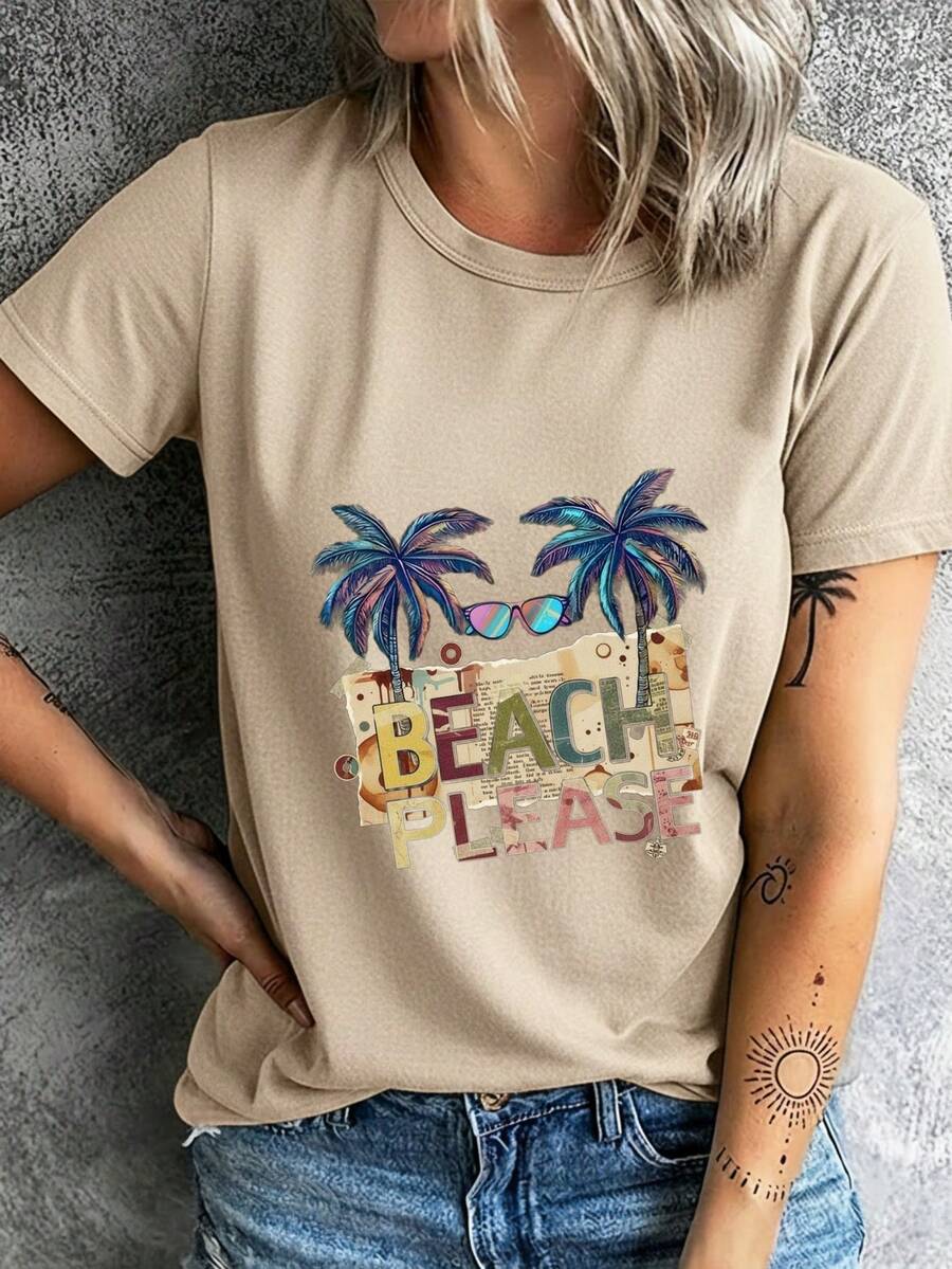 Women's Summer T-Shirt, Fashionable Summer T-Shirt For Women, Women's T-Shirt, Fashionable Short Sleeve, Comfortable And Breathable, Suitable For Sports And Fitness, Casual Outings, Palm Tree Print And Sunglasses. - 杏色 - 查看 1