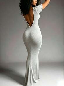 Vestido ajustado de unicolor y espalda descubierta, de verano - Gris Claro - Ver 2