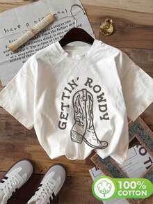 Women's Vintage Style Printed T-Shirt, Cowboy Boots, Gettin' Rowdy, Pure Cotton, Crew Neck, Short Sleeve, Casual, Work, Everyday Wear, Spring/Summer Top [Yang] Short Sleeve T-Shirt / Short Sleeve Tee - 白色 - 查看 1