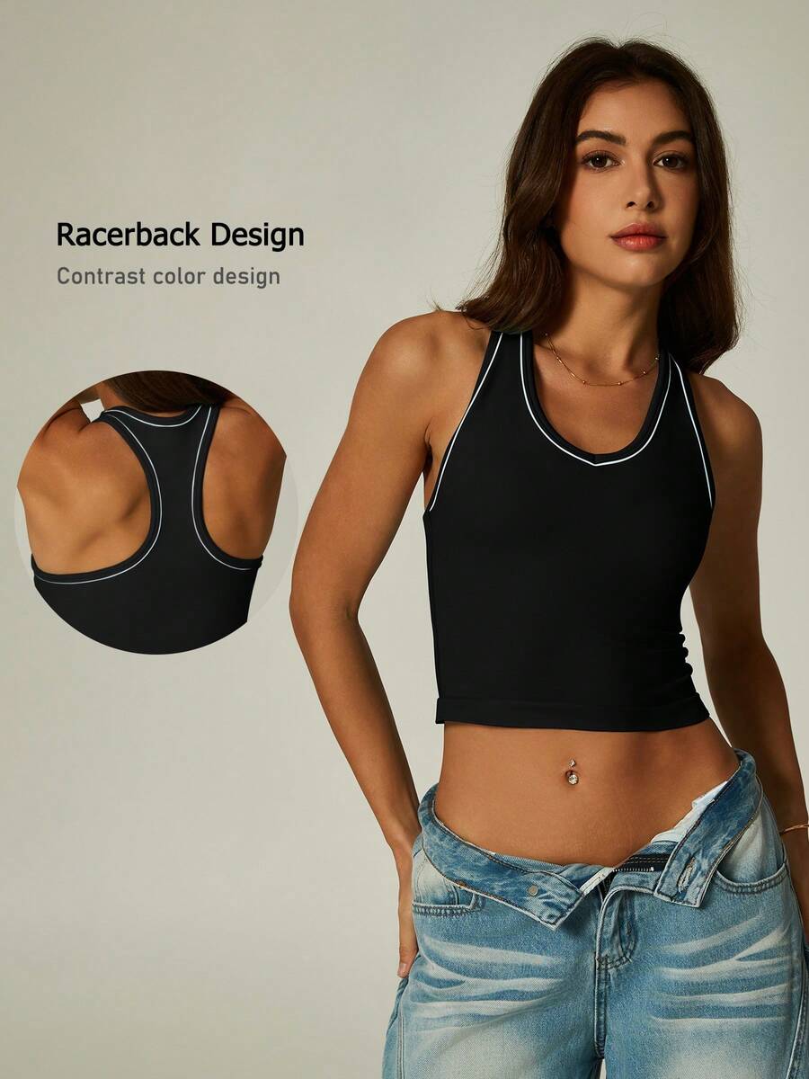 NcmRyu 1 pieza Camiseta deportiva de mujer de cuello redondo, ajustada y corta, con contraste de color, de espalda de tirantes, suave y cómoda - Negro - Ver 1