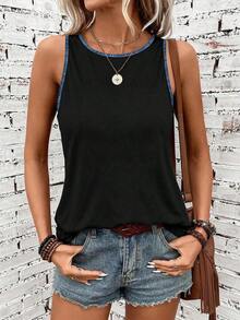 Camiseta de tirantes holgada de verano para mujer, estampado de patrón de correa de mezclilla, elegante y versátil, apta para uso casual, vacaciones y paseos, con un estilo minimalista y retro - Multicolor 7 - Ver 7