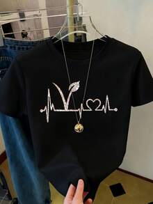 180g Made In Mexico, Spring/Summer 2026 Fashion Short Sleeve T-Shirt, Cartoon Print, Couple Style, Underwear/Outerwear, Casual Round Neck For Office, Unisex One Piece Top - 黑色 - 查看 2