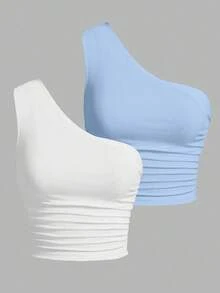 Blusa de un hombro de punto en tonos negro y beis para mujer - Azul y blanco - Ver 5