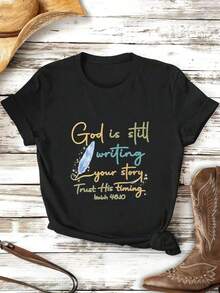 Women's Christian Faith Graphic T-Shirt, Made Of Premium Cotton, Loose Fit, Casual Style, Breathable, New Arrival. Beautiful 100% Cotton Blouses - 黑色 - 查看 3