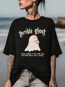 Unisex T-Shirt With Scary Smile Print, 180g, Short Sleeve, Halloween Gift, Funny Casual Summer T-Shirt - Urban Vintage Style, Loose Fit Unisex Cotton T-Shirt With Round Neck And Short Sleeves - 黑色 - 查看 1