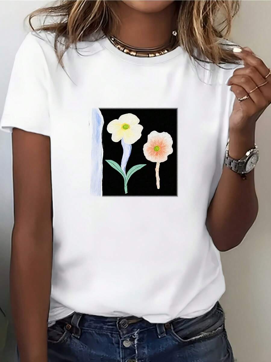 Camiseta de Cuello Redondo 180G para Mujer con Estampado Floral | Regalos perfectos para las vacaciones de verano, para familiares y amigos. | Muy adecuado para reuniones de empresa y actividades de team-building. | Camiseta cómoda y suave | Diseño de Moda para Mujeres | Conjuntos Ideales para Primavera y Verano Blusas para Mujer Casual - Blanco - Ver 1