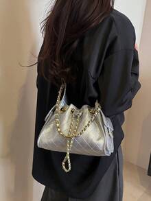 Bolso de cubo con cordón, bolso de hombro cruzado de gran capacidad con patrón de rombos para mujer, bolso de mano para ir al trabajo - Plateado - Ver 3