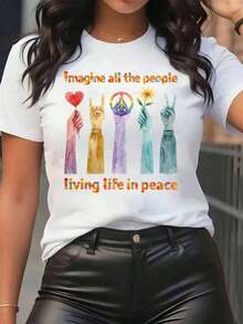 New Arrivals For Summer.Women T Shirt Imagine All The People Living Life In Peace With Colorful Hands And Symbols Print Round Neck Casual Daily Wear Soft Comfortable FestivalBlouse,Shirt > Beautiful. - 白色 - 查看 12