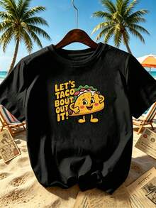 Women's T-Shirt: This Black, Short-Sleeved, Urban-Style T-Shirt For Women Features Cute Mexican Taco Designs And The Fun Slogan "Let's Taco Bout It." It's A Casual And Fashionable Outfit Suitable For Everyday Wear, Parties, Vacations, And Summer Holidays. It's A Classic And Stylish Garment For Women. - 黑色 - 查看 3