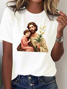 A Comfortable Solid-Colored Women's T-Shirt With A Religious Illustration Of Saint Joseph. - 白色 - 查看 12