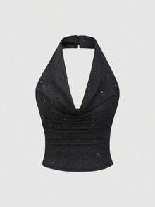 corto de camisola de punto metálico con lentejuelas para mujer, top sexy de espalda descubierta y ajustado al Body - Negro - Ver 1
