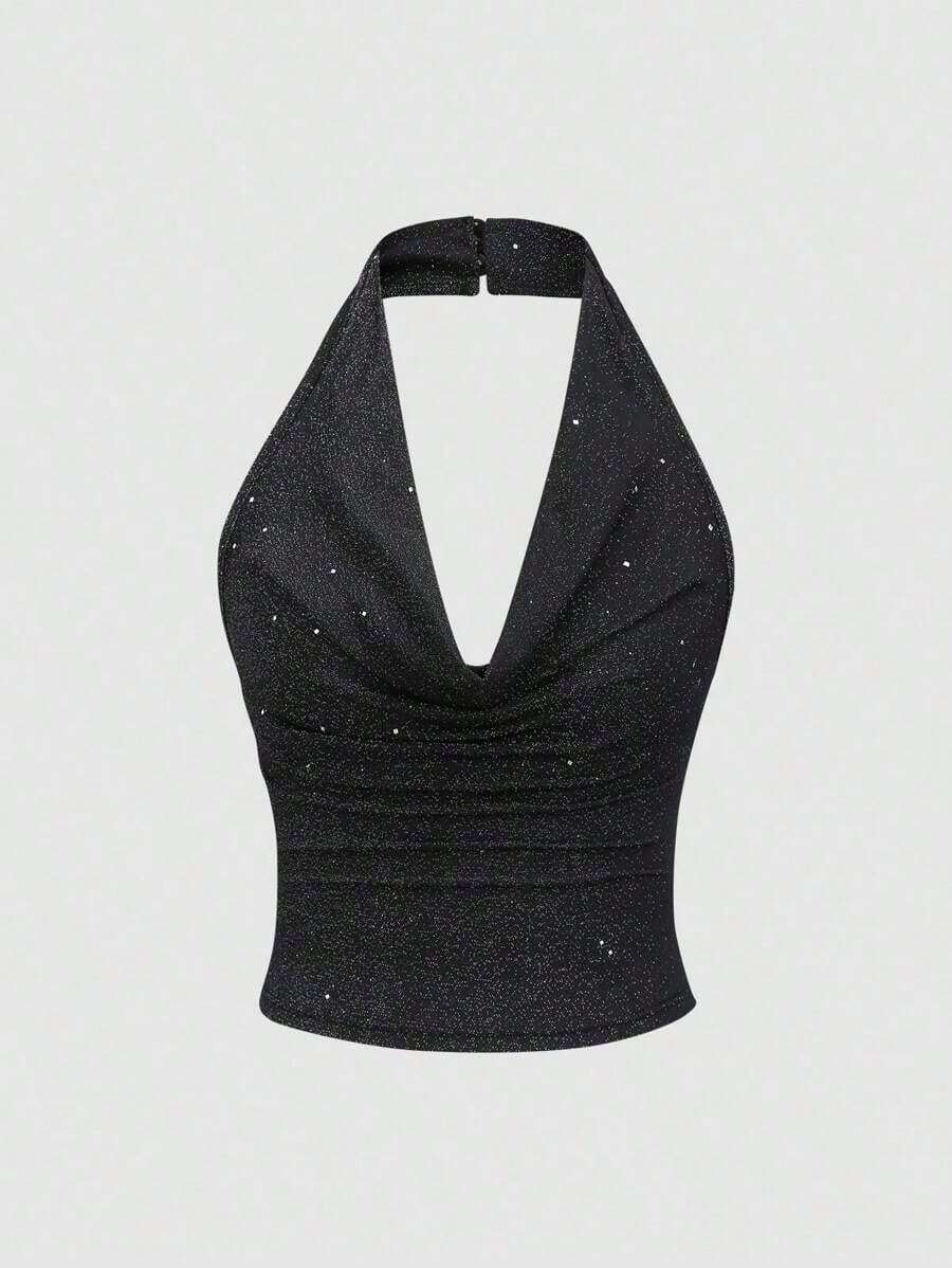 corto de camisola de punto metálico con lentejuelas para mujer, top sexy de espalda descubierta y ajustado al Body - Negro - Ver 1
