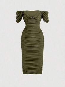 Vestido ajustado de hombros descubiertos fruncido lateral - Verde militar - Ver 5