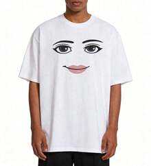 Anime Robot Face Print T-Shirts, Funny T-Shirts, Graphic Tees, 180g, Loose Fit, Crew Neck, Short Sleeve, Lightweight, Women's Clothing, Harajuku T-Shirts, Summer Tops - 白色 2 - 查看 2