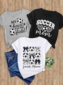 Women's T-Shirts, 1-Piece Set With Football Prints And Bows, 1-Piece Elegant, Casual, Sporty, Ideal For Parties, Soft And Machine Washable, Short-Sleeved Top With Round Neck. - 1件白色隨機圖案 - 查看 1