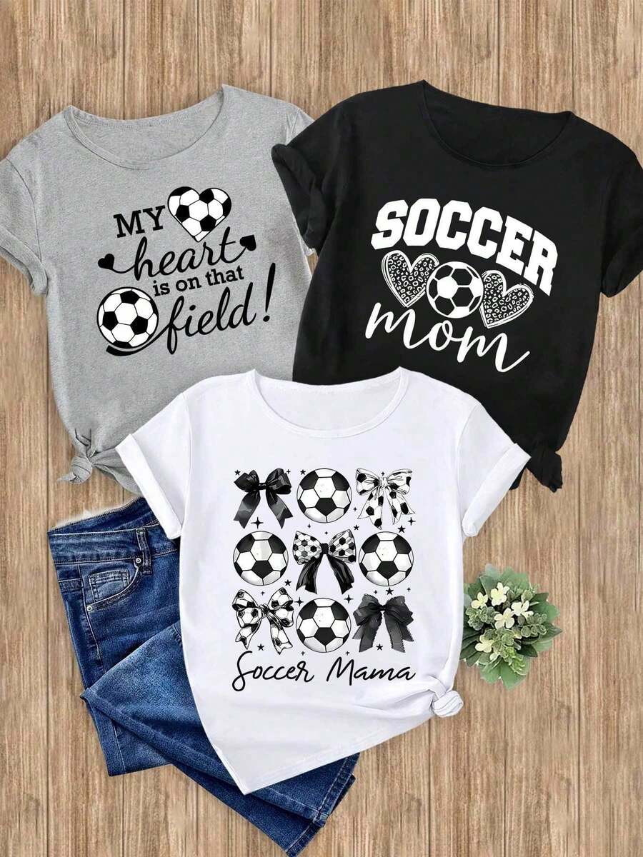 Women's T-Shirts, 1-Piece Set With Football Prints And Bows, 1-Piece Elegant, Casual, Sporty, Ideal For Parties, Soft And Machine Washable, Short-Sleeved Top With Round Neck. - 1件白色隨機圖案 - 查看 1
