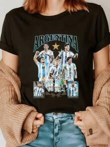 Players Celebrating With The Argentine Flag Under A Golden Star Symbolizing Unity, National Pride, And Sportsmanship. Women's Casual, Modern, And Comfortable T-Shirt. - 黑色 - 查看 8