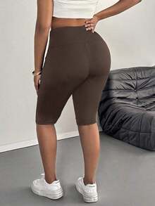 Leggings básicos de color liso para mujer de talla grande, apropiados para shorts de verano hasta la mitad del muslo, adecuados para personas de estatura talla grande baja, leggings de cintura alta, para uso diario, ocio, deportes, vera - Café integral - Ver 2