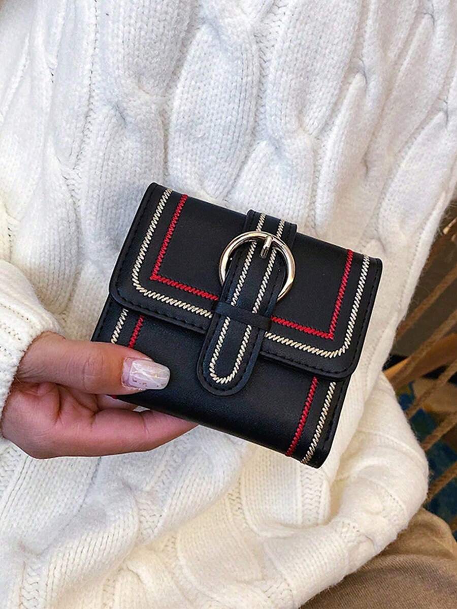 Cartera plegable de mujer con múltiples tarjetas, diseño de bloque de color bordado, portador multifuncional de tarjetas y efectivo con cierre de presión de metal - Negro - Ver 1