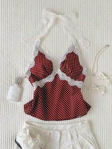 Top halter sin espalda con parches de lunares y encaje para mujer - Marrón - Ver 8