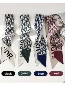 1 chiếc khăn choàng cổ nữ sang trọng, kiểu dáng ôm sát, chất liệu satin in chữ thanh lịch, kiểu Pháp, dài và hẹp, thích hợp dùng làm quai túi xách, băng đô cài tóc và cổ tay. - Xem 2