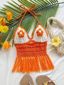 Top de punto con cuello de halter, bajo con flecos y cuentas para mujer, adecuada para vacaciones, citas, té de la tarde, playa, crucero, viaje a la ciudad, temporada de bodas, festival de música, vacaciones bohemias - Multicolor - Ver 3