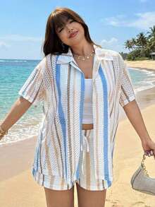Conjunto de 2 piezas de talla grande con camisa de manga corta color fucsia y shorts - Multicolor 2 - Ver 4