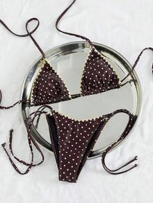 Bikini de mujer de unicolor con escote halter y lazos, estilo sexy, minimalista y elegante para playa, vacaciones, viajes y fiestas, nueva colección primavera/verano - Puntos marrones - Ver 4
