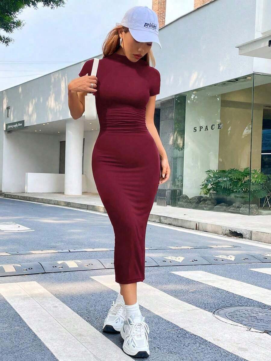 Vestido De Punto Ajustado Y De Medio Manga - Burdeos - Ver 1