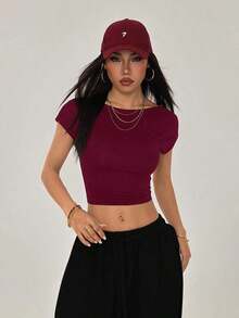 Camiseta negra con espalda abierta, adecuada para talla pequeña, para verano - Burdeos - Ver 6
