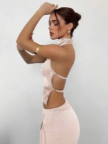 Top de satén sin espalda con cuello alto para mujer, ideal para fiestas - Albaricoque - Ver 3