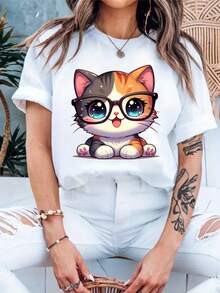 Camiseta Casual de Manga Corta para Mujer con Estampado de Gato Lindo Usando Gafas - Cuello Redondo Transpirable, Cómoda para Primavera y Verano, Ropa Deportiva Lavable a Máquina, Diseño Divertido, Material No Transparente - [Blanco] - Ver 3