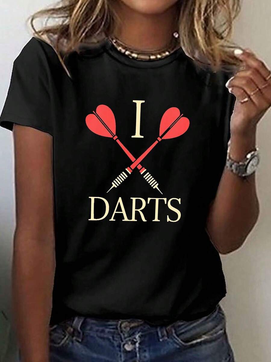 Una camiseta casual de manga corta con cuello redondo y estampado de flechas cruzadas, perfecta para el uso femenino en verano y primavera. - Negro - Ver 1