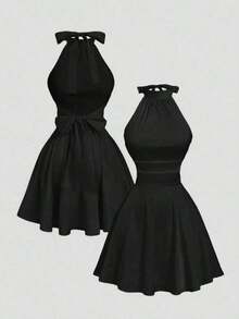 MOD Vestido mini con espalda descubierta, lazo y estampado floral abstracto fluido - Negro - Ver 1